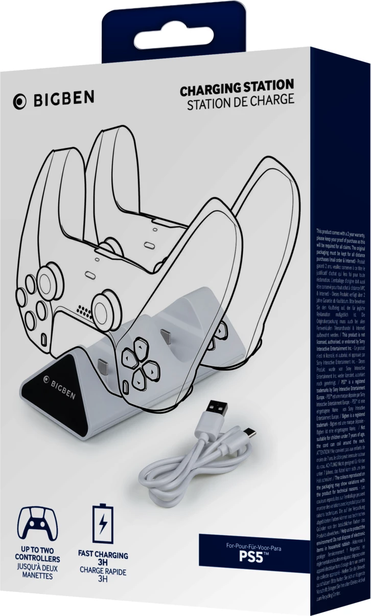Stacion karikimi për kontrollera PS5 Bigben Dual Charging Station V2, karikim i dyfishtë, USB-C, karikim i shpejtë 3 orë, bardhë/zi