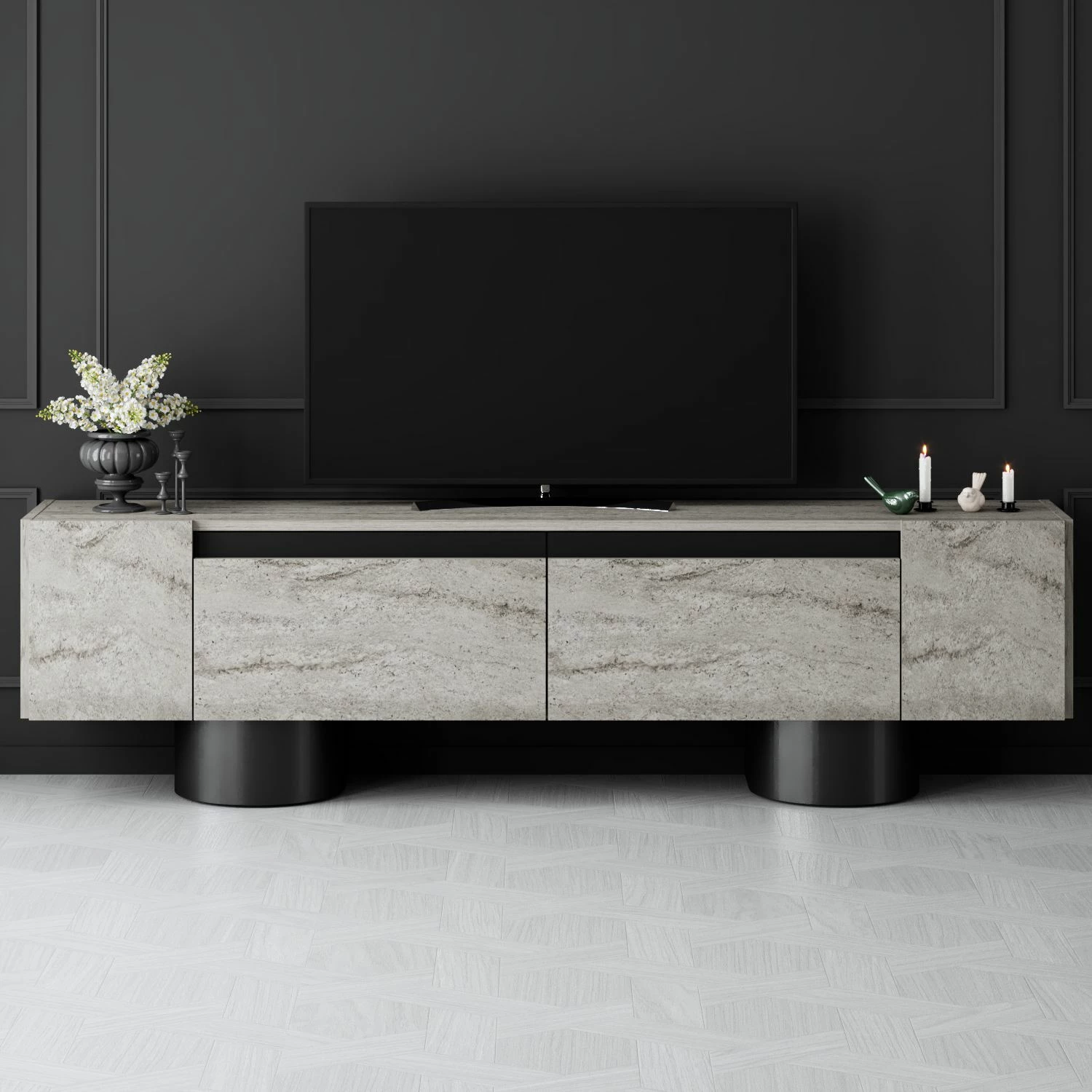 Komodë TV Hanah Home, bohem, travertin, e zezë
