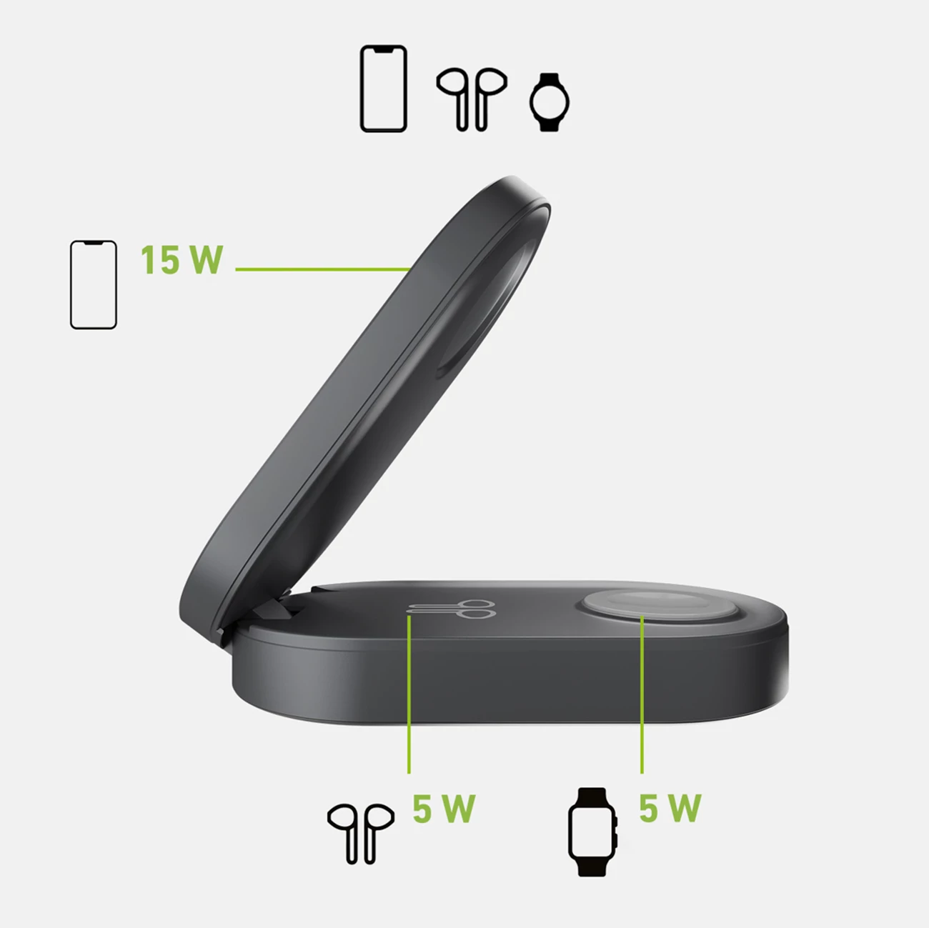 Karikues pa tel 3‑në‑1 palosës, SBS Power Dock 3 in 1, Qi2 & MFi, 15 W, USB‑C, i zi