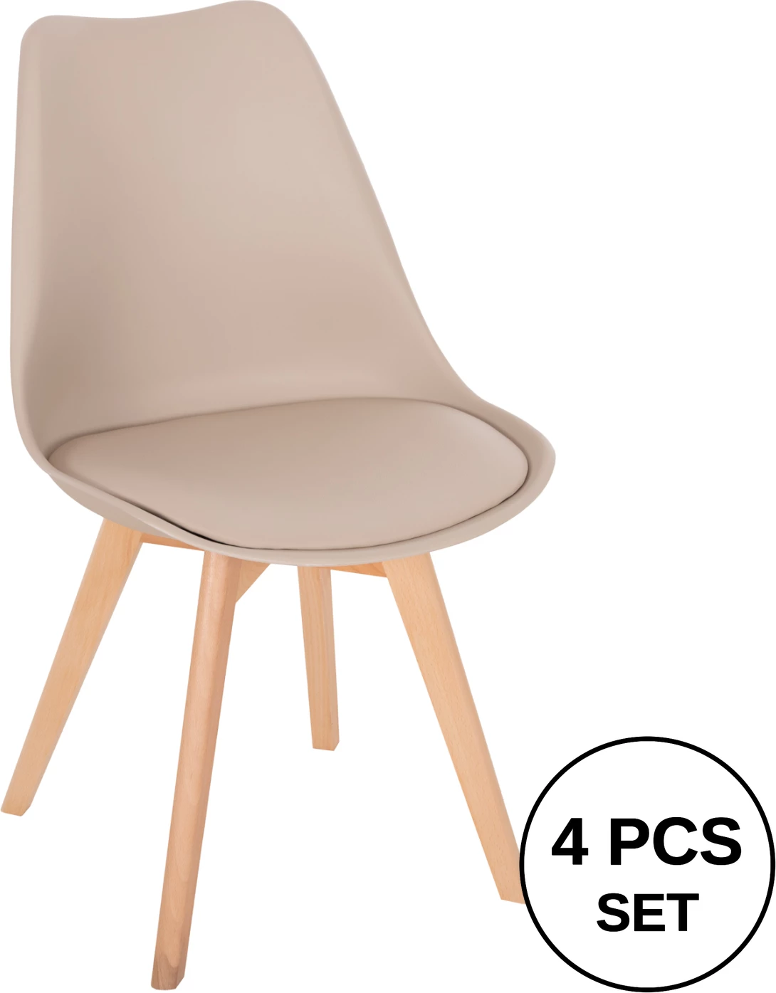 Karrige për ngrënie Vegas, këmbë druri, ulëse polipropileni me PU, ngjyrë kapuçino, 48x52x81H cm, set prej 4 copë