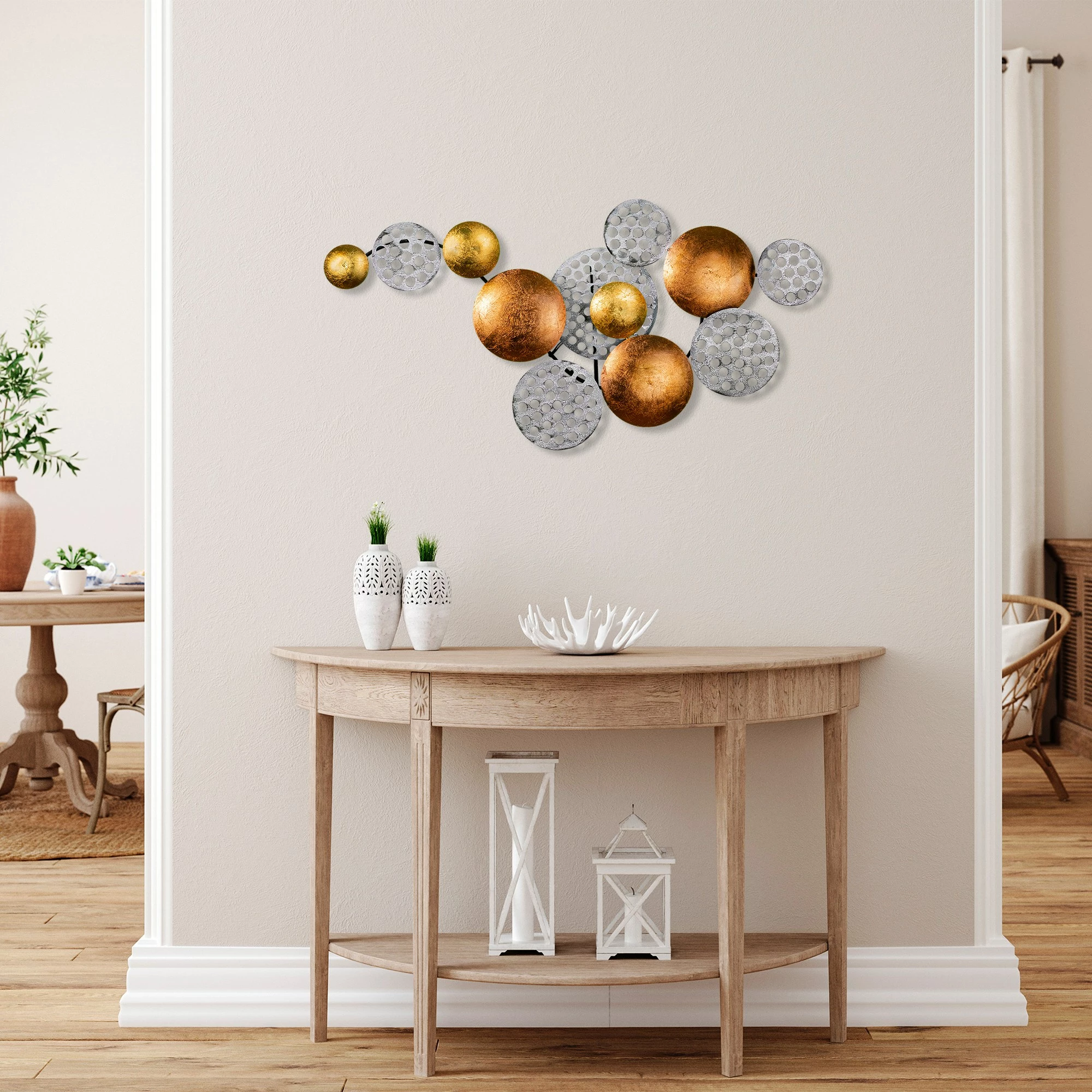 Aksesor dekorativ metalik për mur, Wallity Aurora 2, argjend dhe bakër, 45x82cm