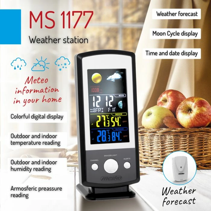 Stacion moti MESKO MS1177, ekran digjital me ngjyra, temperaturë & lagështi brenda/jashtë, parashikim moti, presion atmosferik, zi/argjendtë, set me 1 sensor të jashtëm