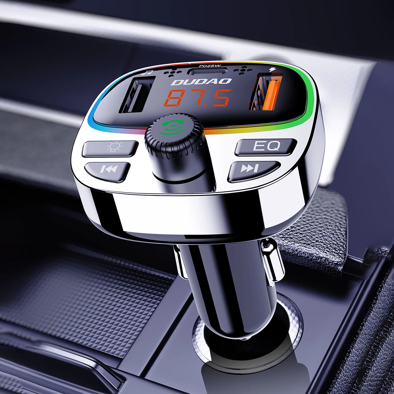 Transmetues Bluetooth për veturë Dudao R2PRO+, PD 25W, Bluetooth 5.3, RGB, zi dhe argjendtë