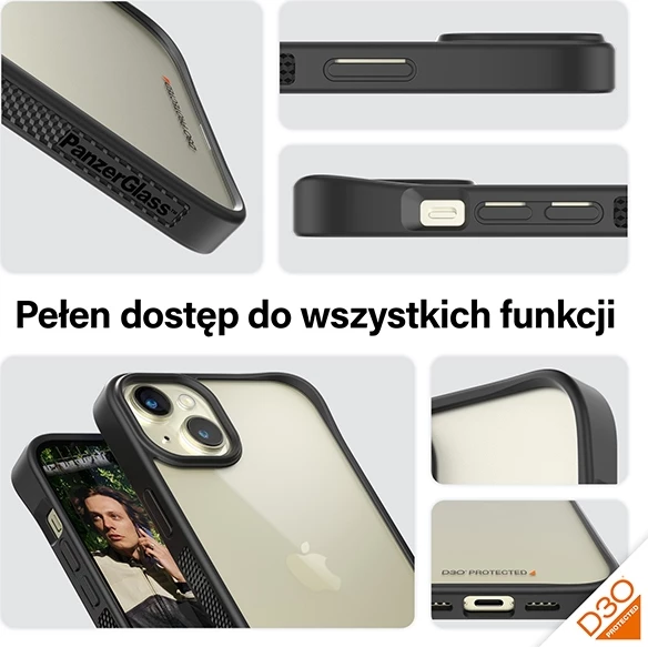 Mbështjellës PanzerGlass ClearCase për iPhone 15 Plus / 14 Plus, D3O, i tejdukshëm & zi