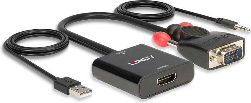 Konverter LINDY VGA + Audio në HDMI, me USB furnizim, i zi