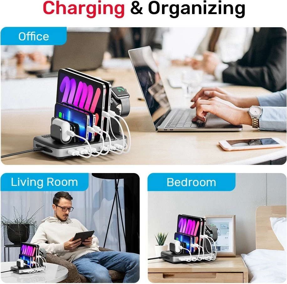 Stacion ngarkimi Unitek, 3 x USB-A 20W, 3 x USB-C PD 60W, 80W, e zezë