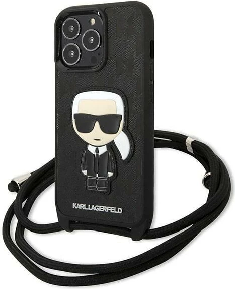 Mbështjellës Karl Lagerfeld Leather Monogram Patch and Cord për iPhone 13 Pro/13, E zezë