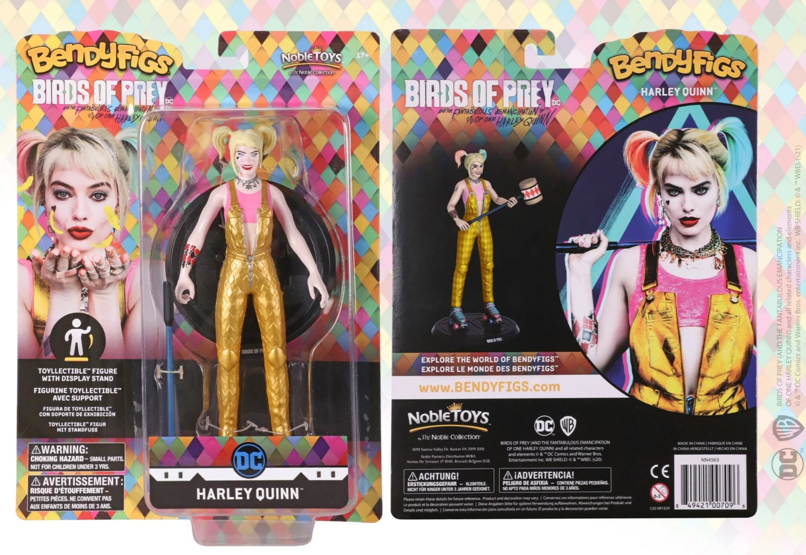 Figurinë koleksionuese fleksibile Noble Collection Bendyfigs DC Birds of Prey Harley Quinn 18 cm, me çekiç dhe bazë