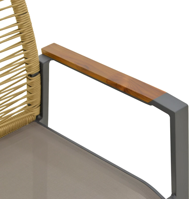 Karrige me krahë Aegean, alumini anthracite, litar natyral, doreza teak, 57x64x87cm