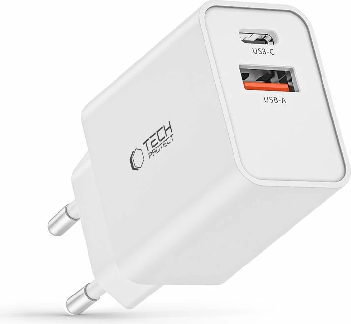 Karikues muri Tech-Protect NC30W, 2 porta, USB-C PD 30W / USB-A QC 3.0, Bardhë