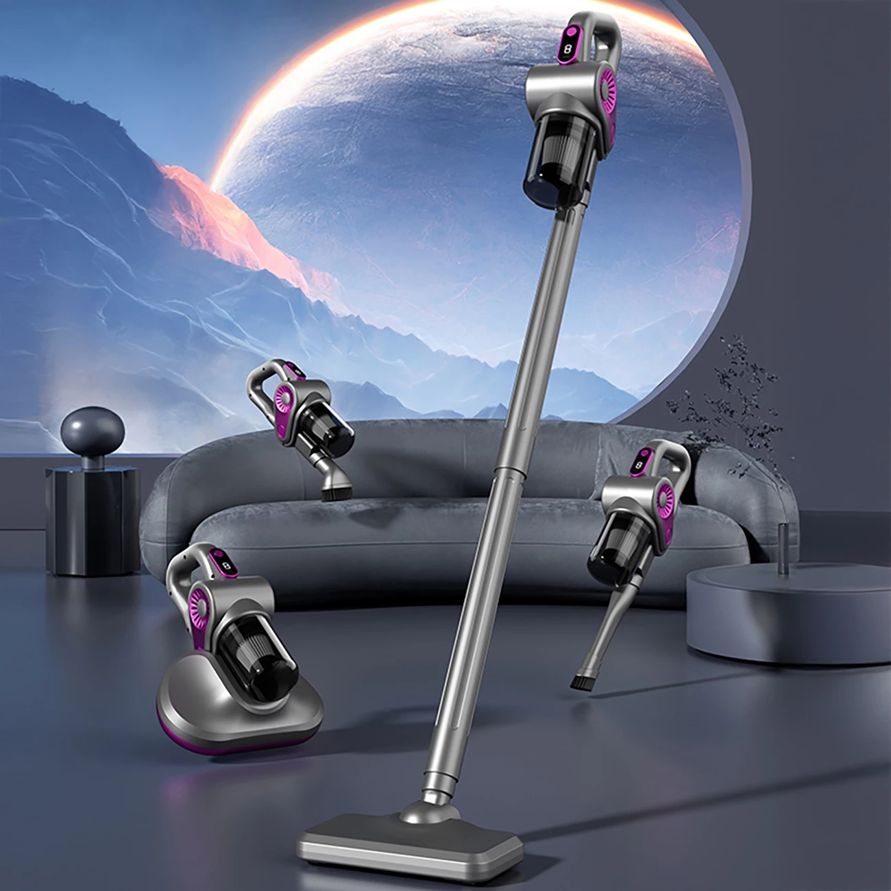 Fshesë me korrent vertikale/handheld 4-në-1 Hurtel 120W 1800mAh 880ml USB-C, gri, set me 8 pjesë