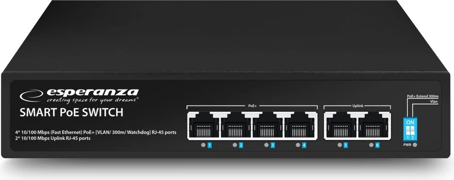 Switch Esperanza ENS105, 6 porta, PoE, 10/100, 60W, Zi