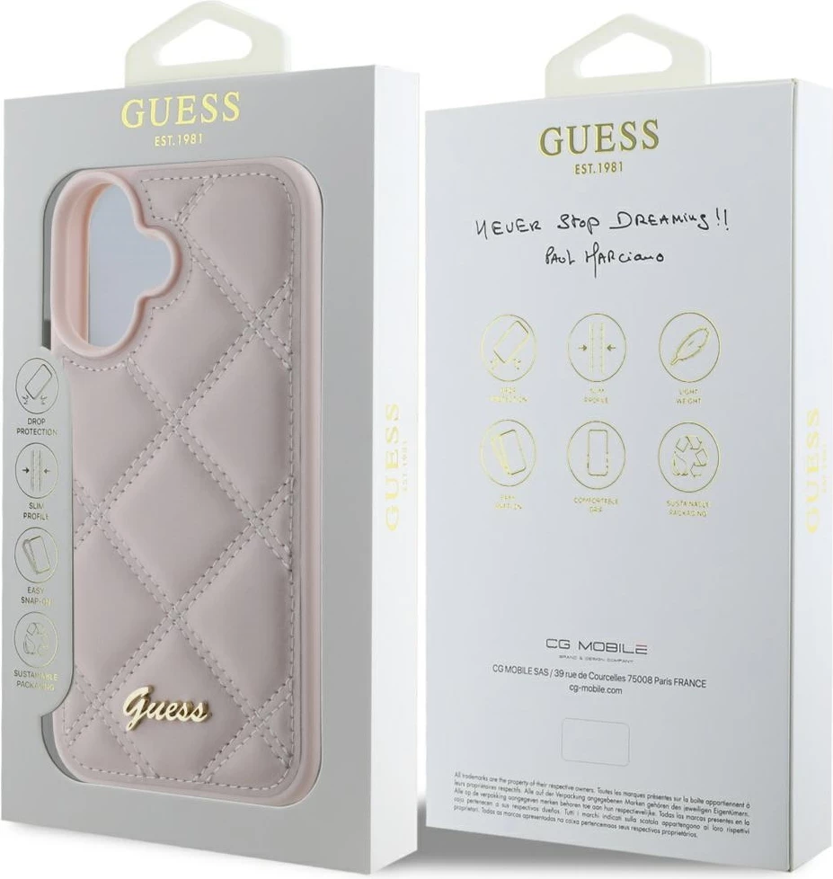 Mbështjellës Guess Quilted Metal Logo për iPhone 16, Rozë