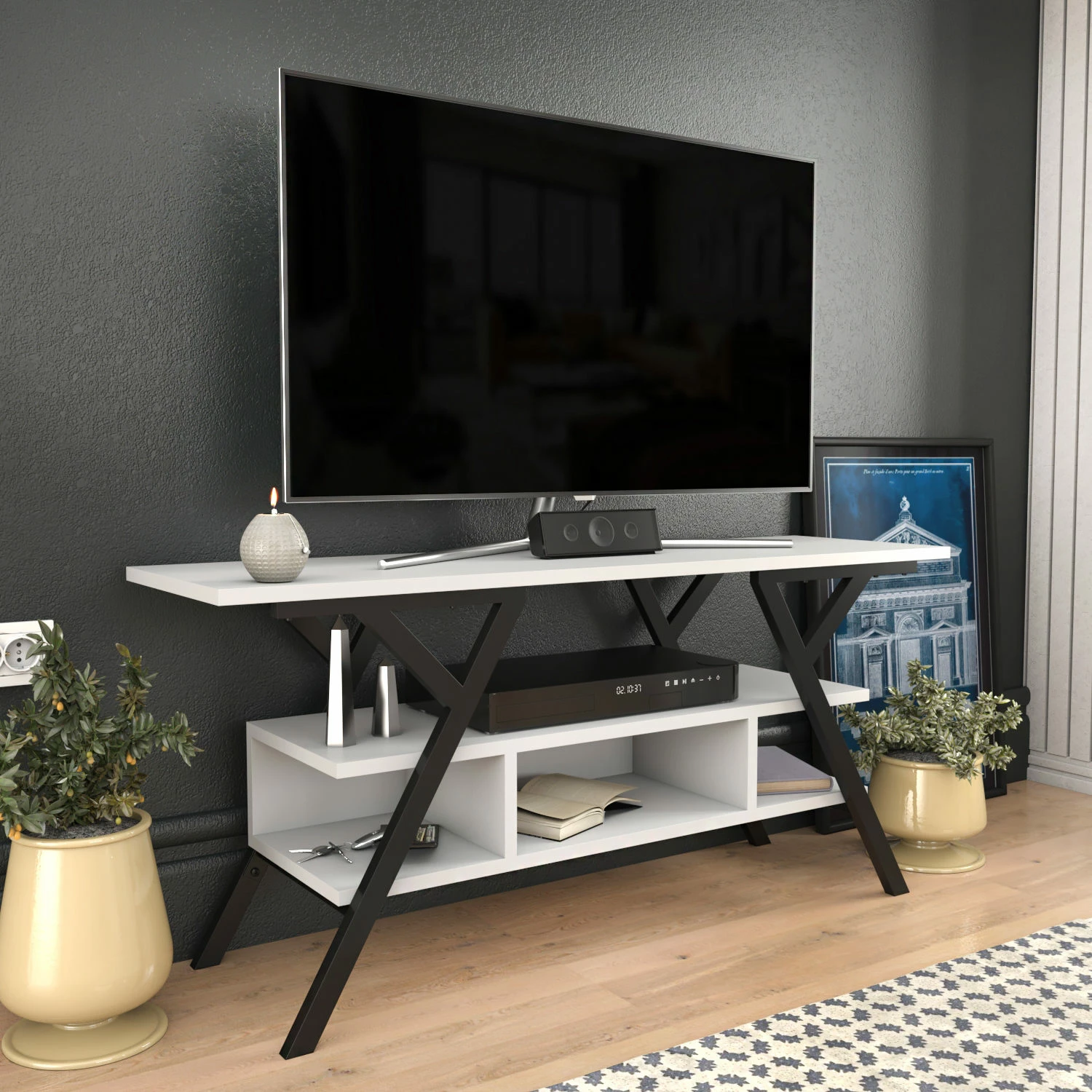 Komodë TV, ngjyrë e zezë dhe e bardhë, Skye Decor Minerva