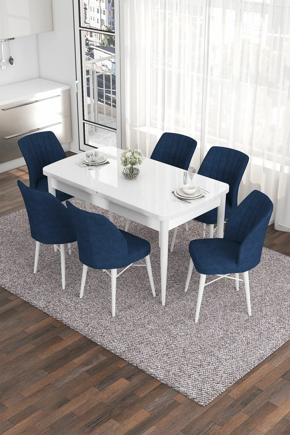 Tavolinë me karrige, e zgjatshme, 7 copë, Skye Decor, Eva, e bardhë, blu e errët