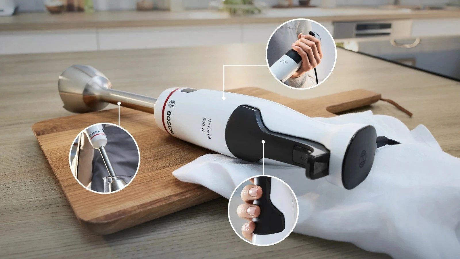 Blender dore, Bosch, MSM4W220, 600 W, rregullim i pandërprerë i shpejtësisë, gotë 0.6 L, trup çelik inox, e bardhë, set me grirës dhe gotë