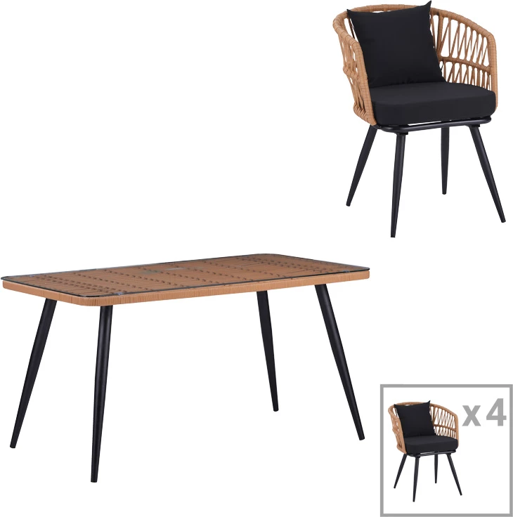 Set tavoline me karrige Naoki, 5 pjesë, xham-pe rattan, ngjyrë natyrale, këmbë të zeza, 140x80x78cm