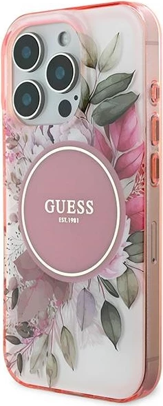 Mbështjellës Guess IML Flower & Tonal Circle MagSafe për iPhone 16 Pro Max, Rozë