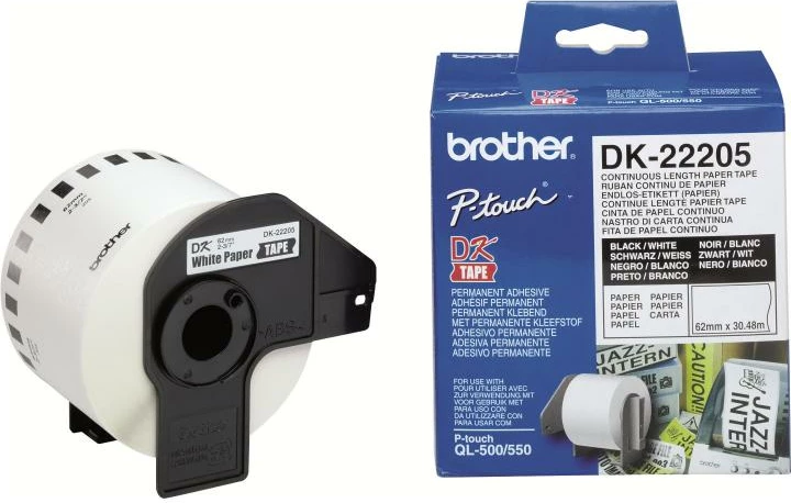 rrotull etiketash pa fund Brother DK-22205, 62 mm x 30.48 m, letër vetëngjitëse, tekst i zi / sfond i bardhë