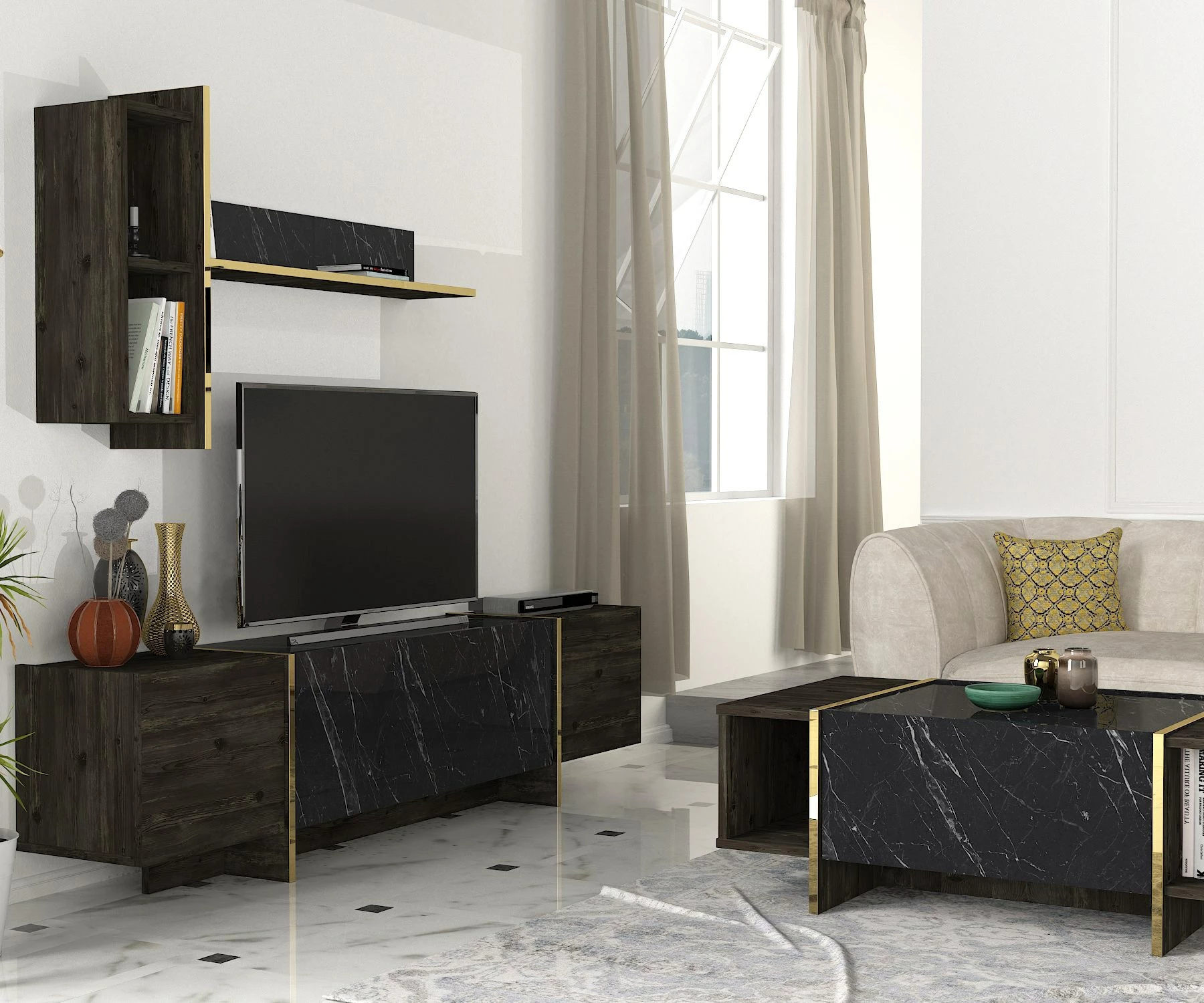 Set mobiljesh për dhomë dite, Skye Decor, Veyron Set 1, ngjyrë e zezë dhe ari