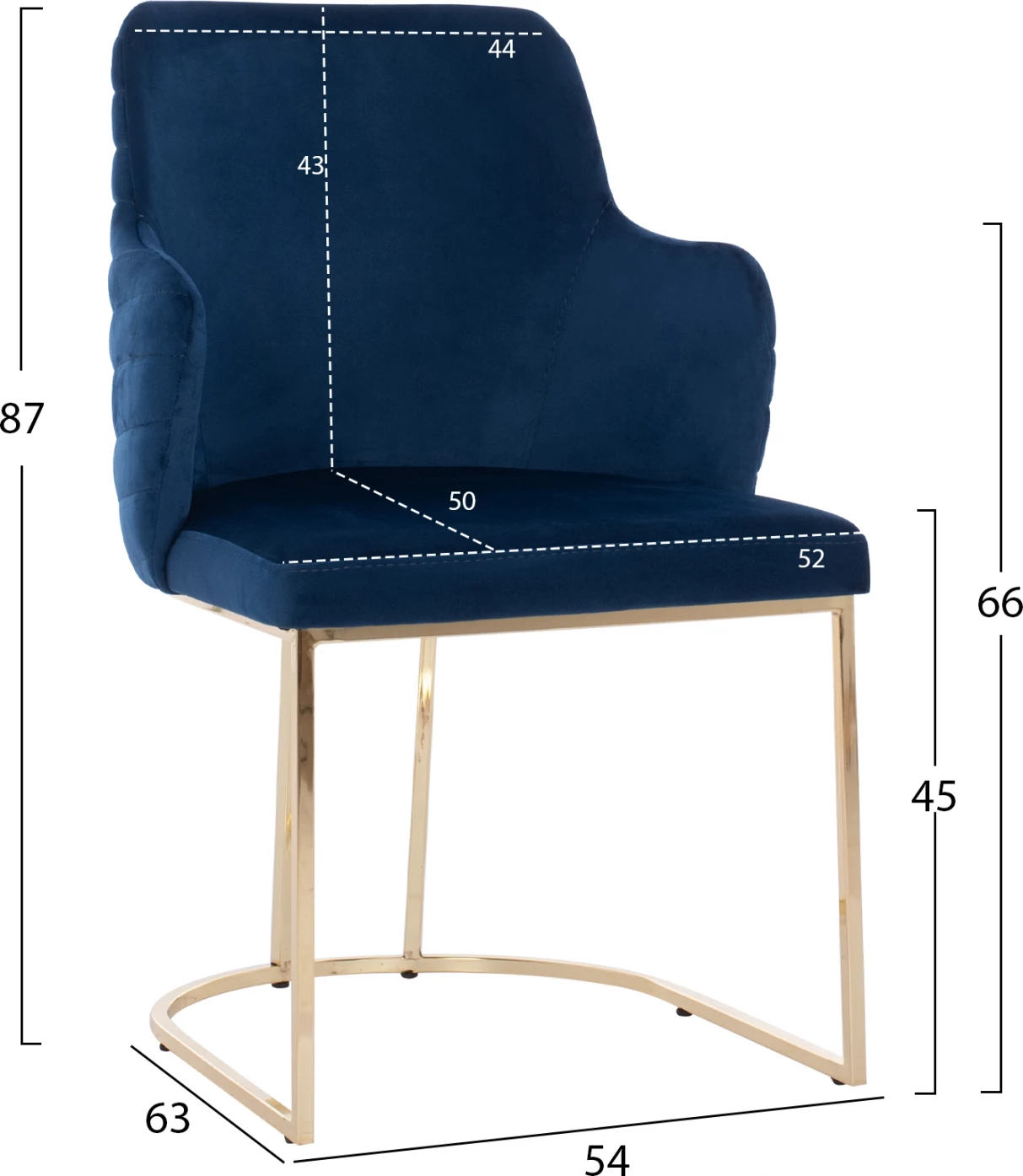 Karrige me krahë “SOLANA” FH9275.08 kadife blu me këmbë metali ngjyrë ari 54x63x87H cm., set prej 2 copë