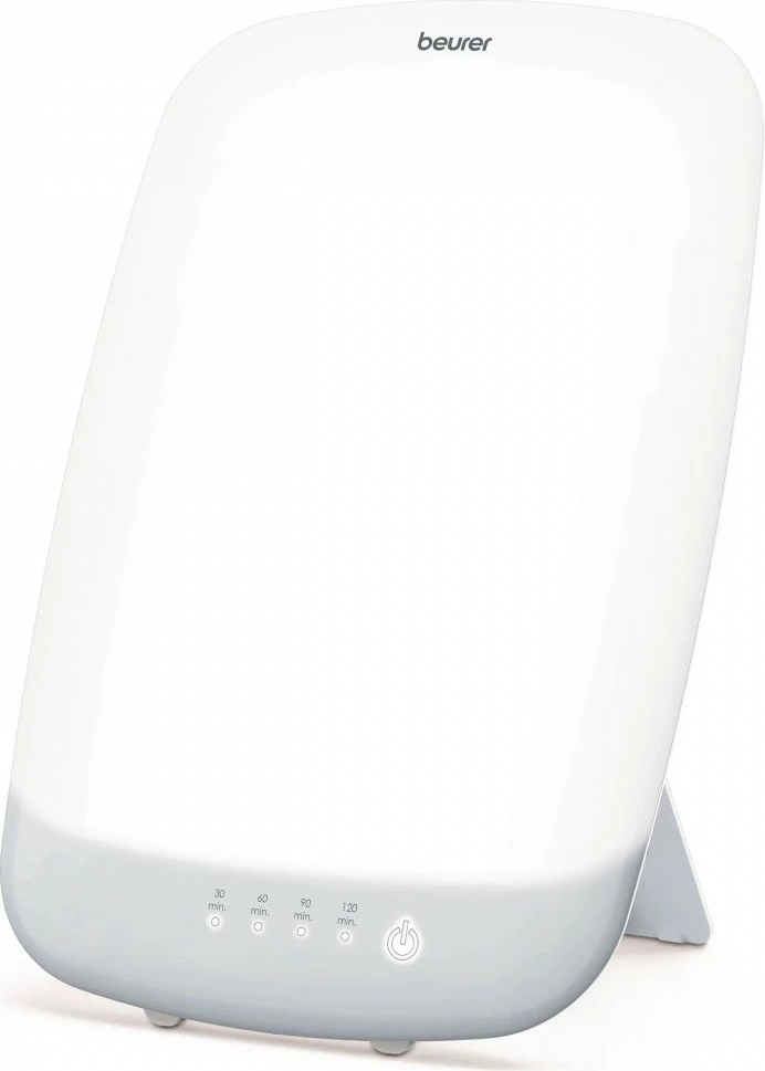 Lampë dite terapike, Beurer, TL85, LED 10000 lux në 20 cm, sipërfaqe 30x37 cm, timer 30/120 min, me bazë të heqshme, argjendtë/bardhë