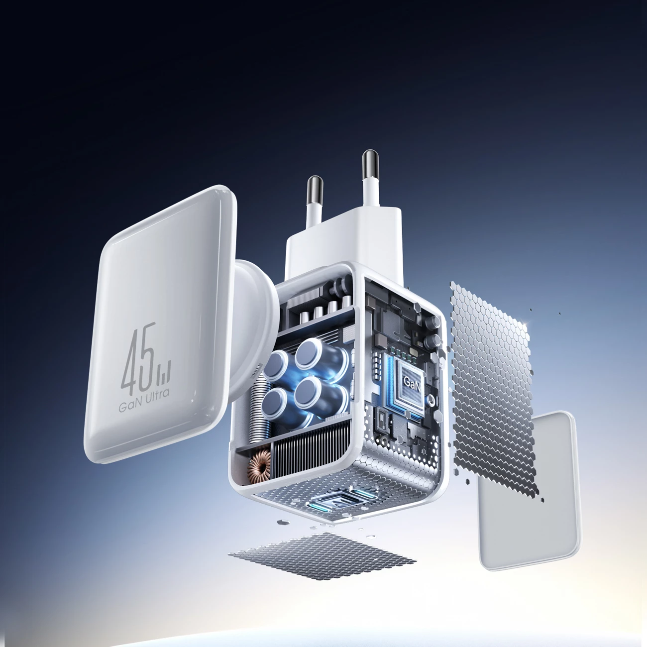 Karikues muri Joyroom JR-TCL05, 45W GaN, 2x USB-C, me organizues kablloje, i bardhë, me kabllo USB-C 1.2m
