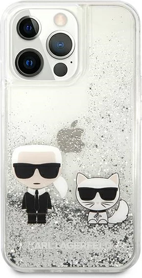 Mbështjellës Karl Lagerfeld Liquid Glitter Karl & Choupette për iPhone 13 Pro/13 6.1", argjendtë