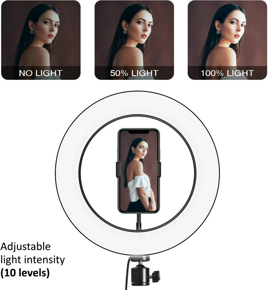 Dritë unazore LED 10", Maclean MCE610, 12W, tripod deri 110 cm, USB 5V, e zezë, set me mbajtës celulari dhe telekomandë Bluetooth