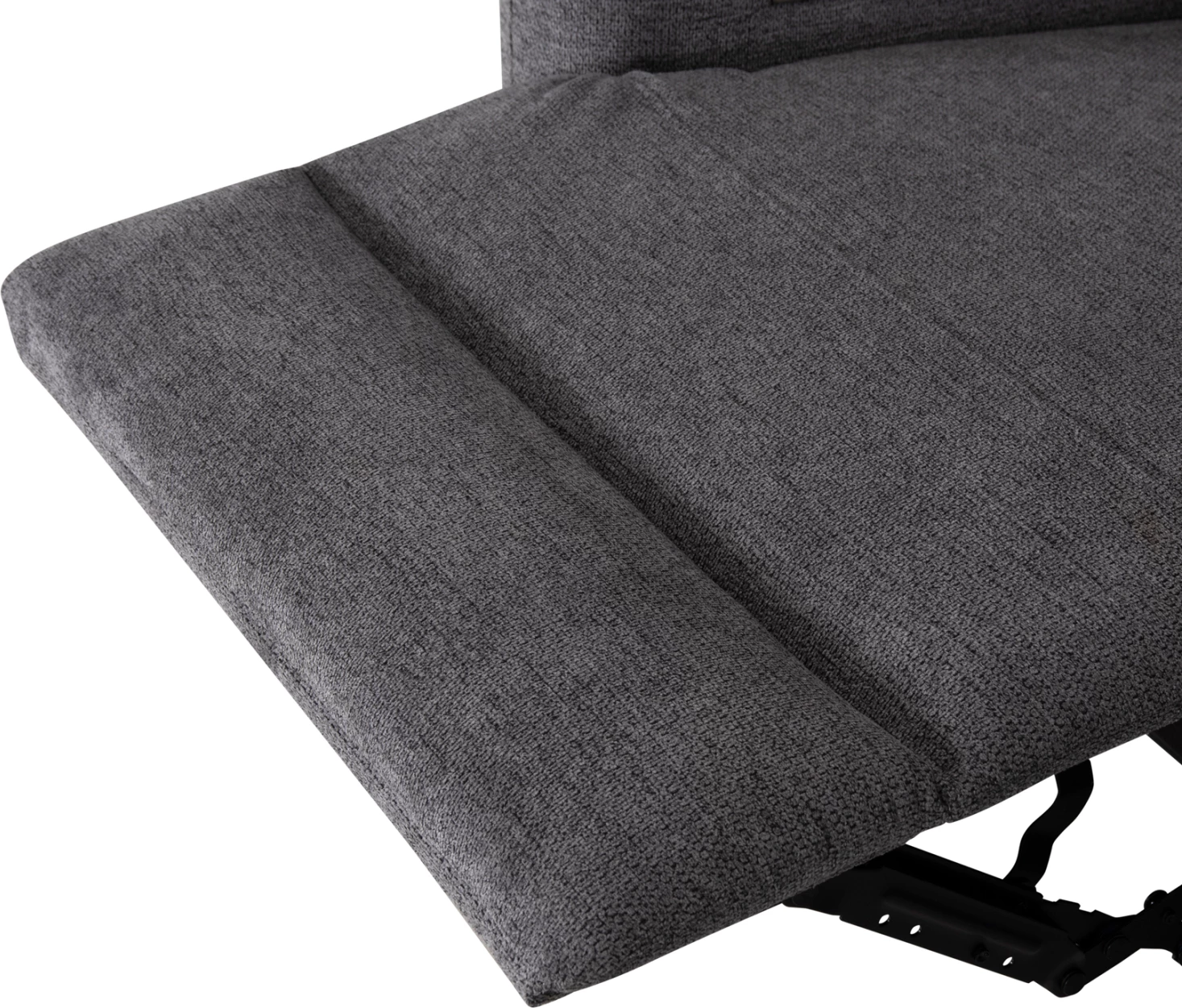 Këndare e djathtë SYNTHIA me recliner elektrik, hapësirë për depo dhe tavolinë, material gri, 246x159x97cm