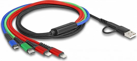 Kabllo karikimi DeLOCK 4-në-1, USB-A/USB-C në 2x Lightning + Micro USB + USB-C, 1.2 m, 3A, e zezë/kuqe/gjelbër/blu