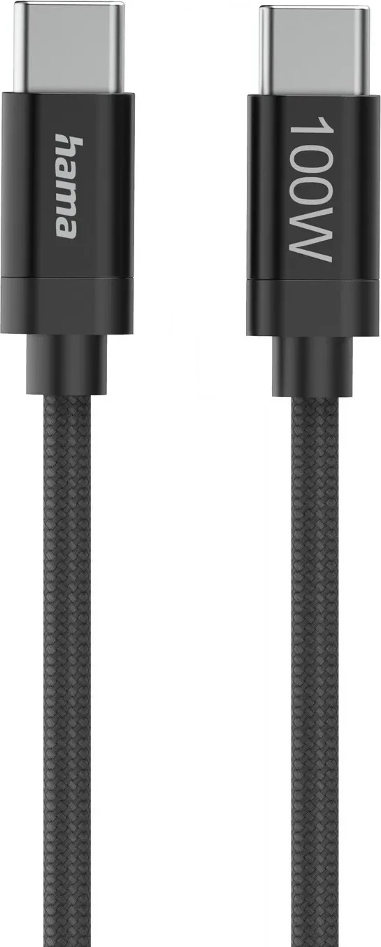 Kabëll USB-C në USB-C Hama, 1.5m, 100W, najlon, zi