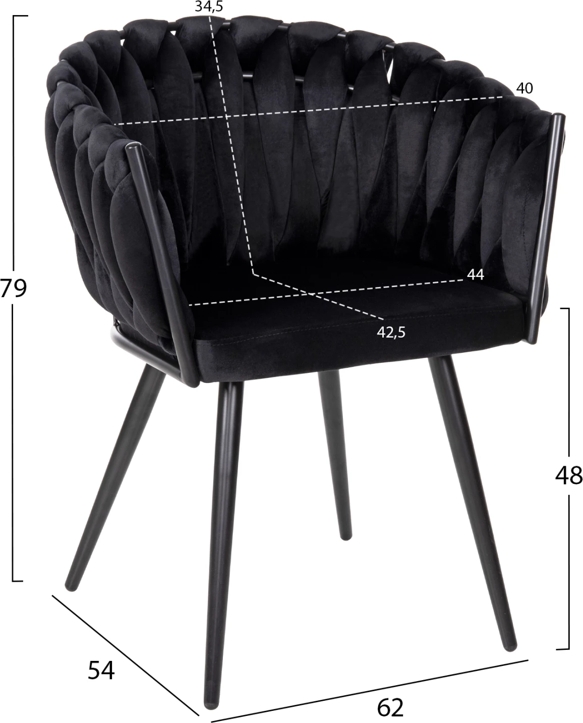 Karrige LUANDA FH8741.04, kadife e zezë, këmbë metalike të zeza, 62x54x79H cm., set prej 2 copë