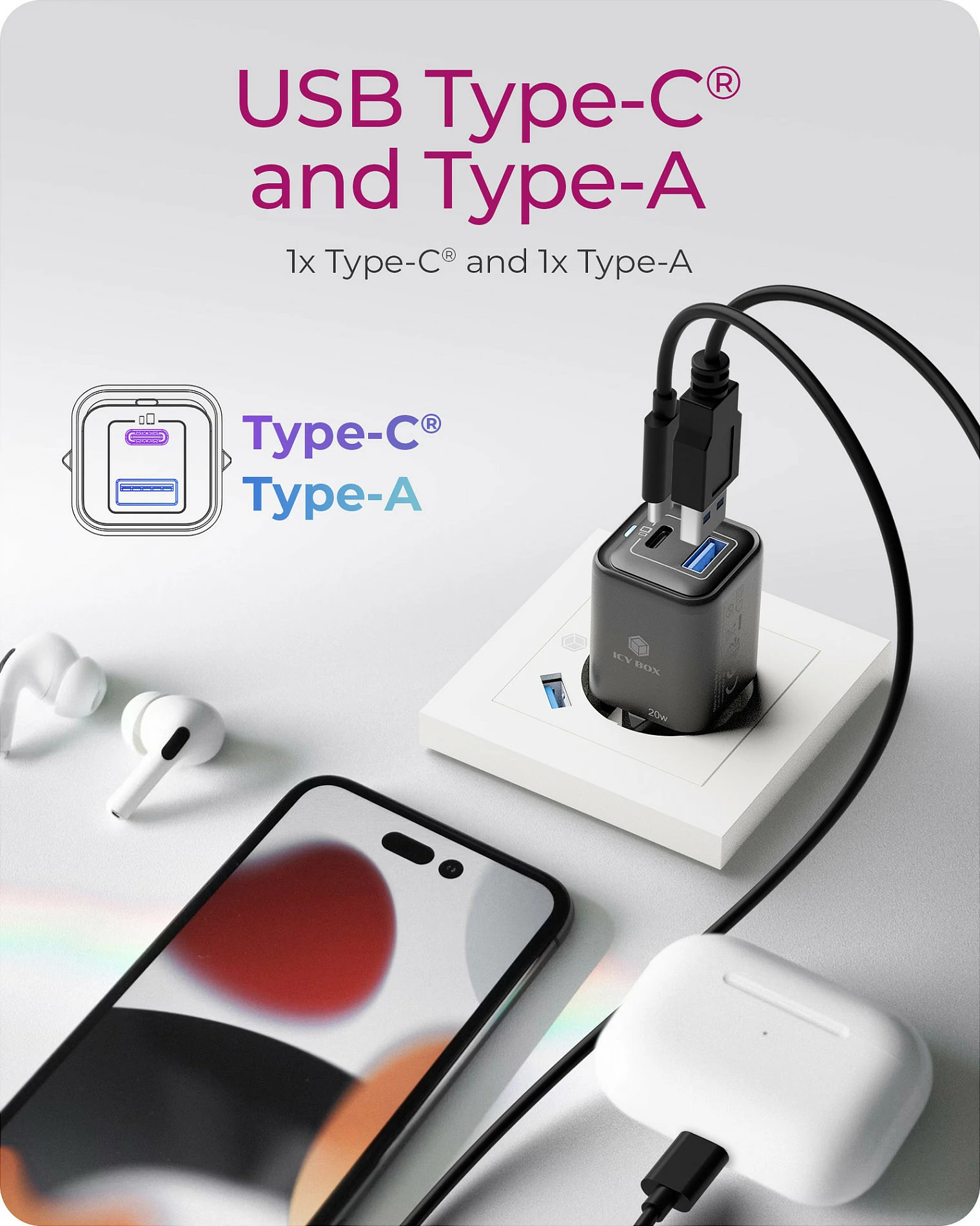 Karikues muri ICY BOX 2-Port 20W, USB PD/PPS, Type-C, i zi