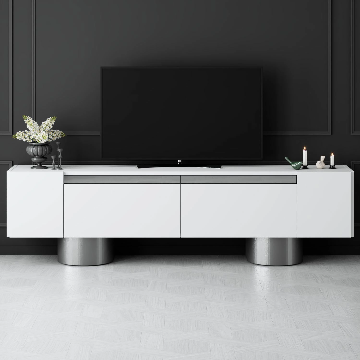 Komodë TV Hanah Home, Bohem, e bardhë dhe argjendtë
