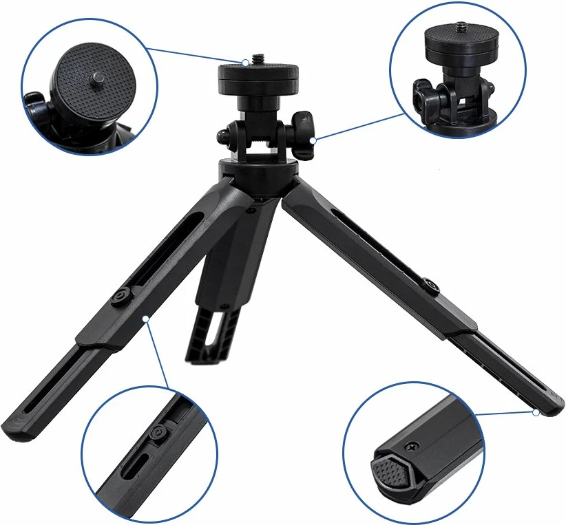 Mini tripod/selfie stick Hurtel 16-21 cm, për celular/GoPro, kllapë 55-90 mm, rrotullim 360°, i zi