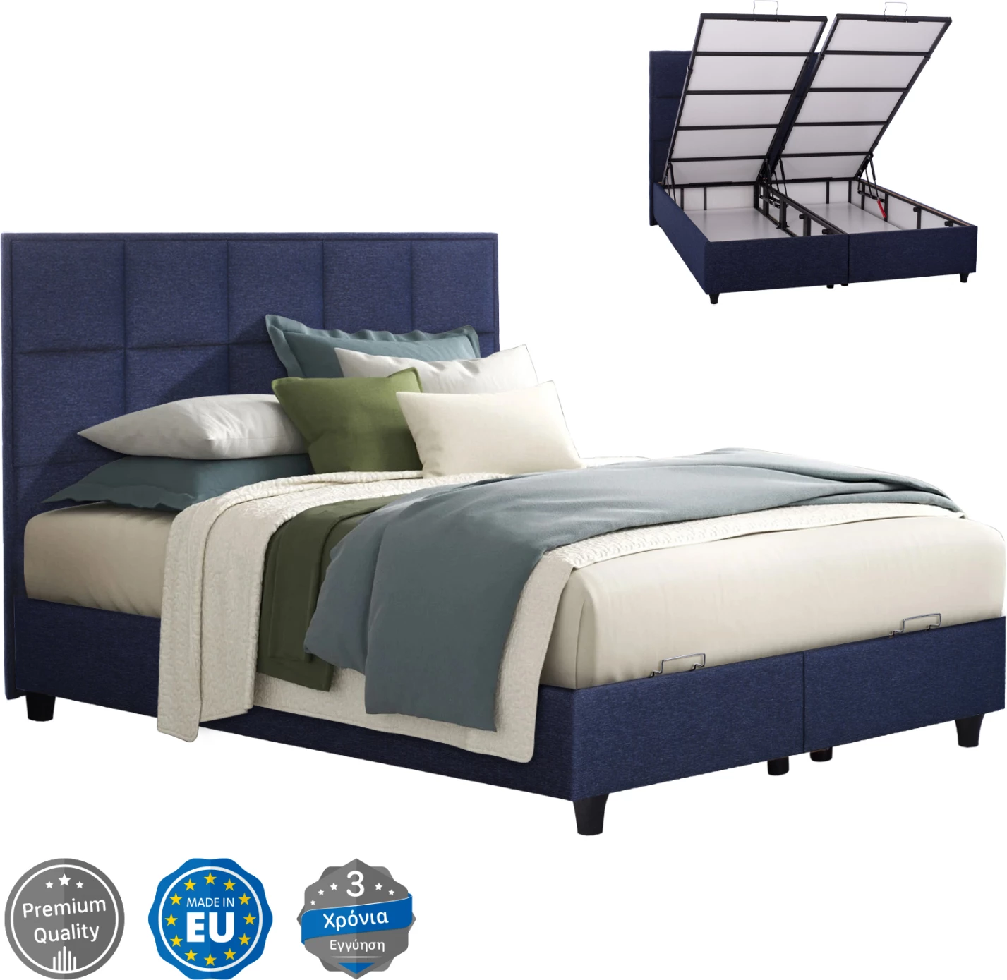 Shtrat ALBA, pëlhurë blu, për dyshek 160x200, mbështetëse e qepur, me 2 nënshtrime në vend të dërrasave të shtratit, hapësirë ruajtëse