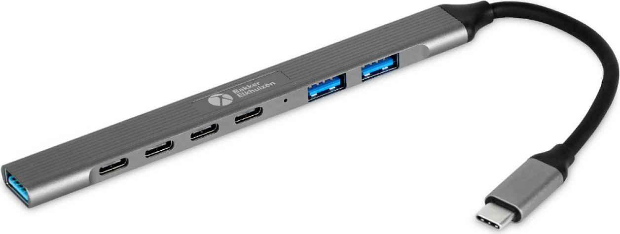 USB-C hub BakkerElkhuizen 7-në-1, 3x USB-A + 4x USB-C, 5 Gbps, aluminium, gri/zi
