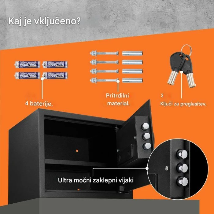 Kasafortë digjitale VONHAUS 3515438, 27 L, 30×38×30 cm, e zezë, me 2 çelësa rezervë + 4 bateri AA