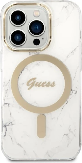 Mbështjellës Guess Marble me MagSafe dhe karikues wireless, për iPhone 14 Pro 6.1", Bardhë