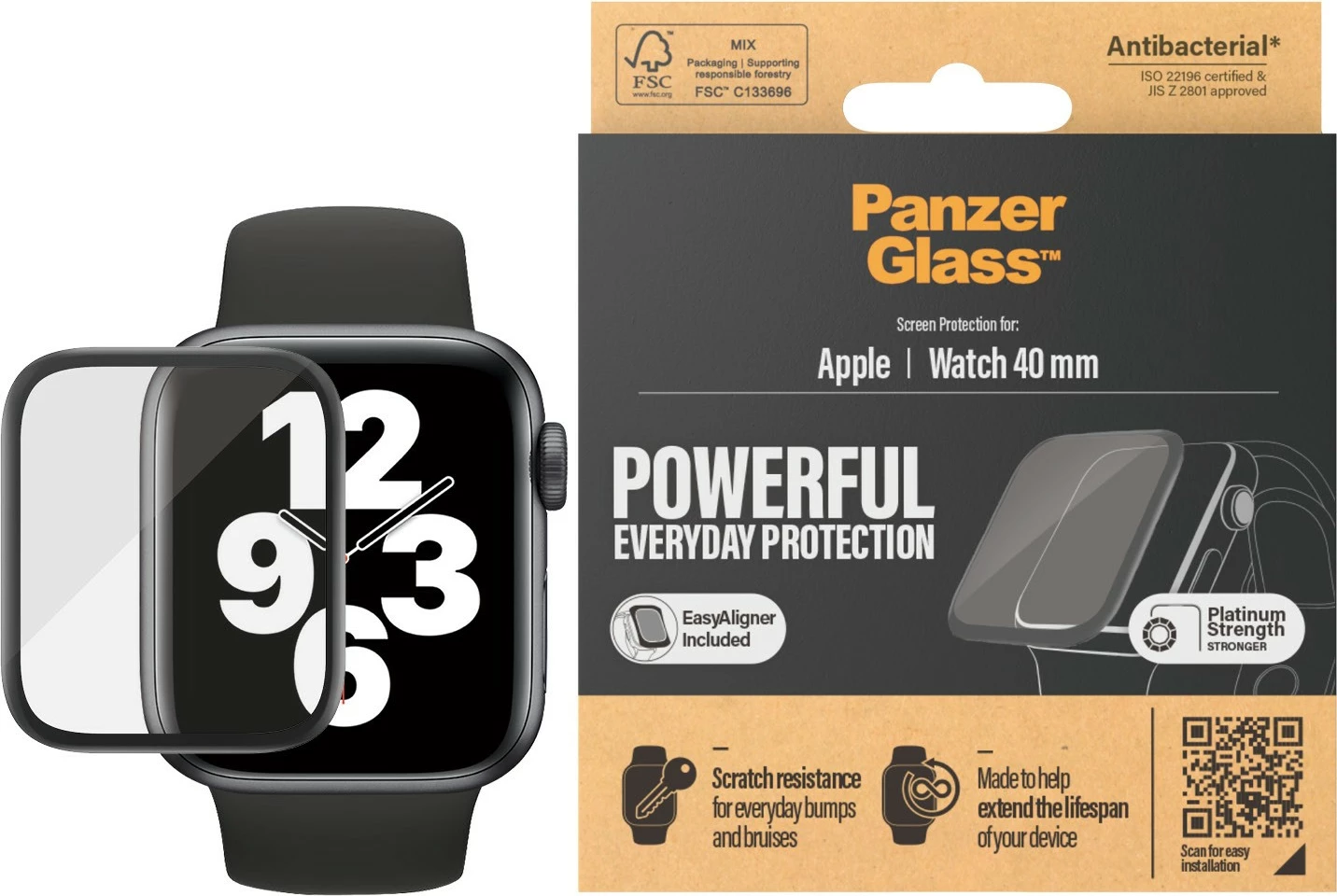 Mbrojtës ekrani PanzerGlass për Apple Watch Series 4/5 40mm, transparent, kornizë e zezë