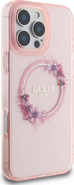 Mbështjellës Guess IML Flowers Wreath MagSafe për iPhone 16 Pro Max, Rozë