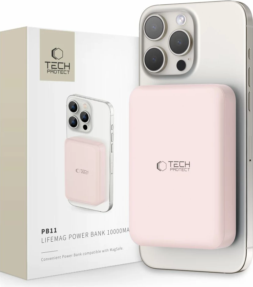 Powerbank Tech-Protect LifeMag PB11, 10000mAh, MagSafe, USB-C, Rozë me kabllo USB-C