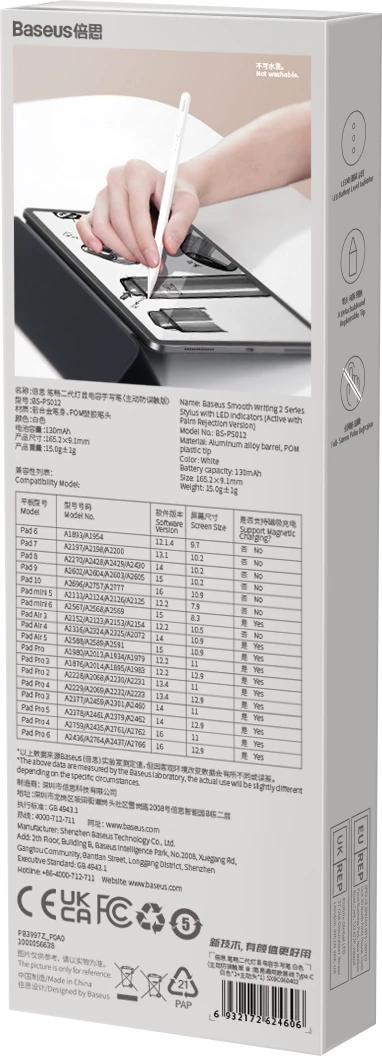 Stylus aktiv për iPad, Baseus Smooth Writing 2, SXBC060402, mbështetje për pjerrësi, bateri 130mAh, USB-C, tregues LED, e bardhë
