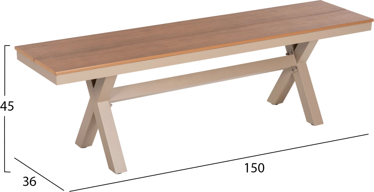 Stol alumini, ngjyrë shampanjë, sipërfaqe tavoline polivudi, ngjyrë druri natyral, 150x36x45H cm