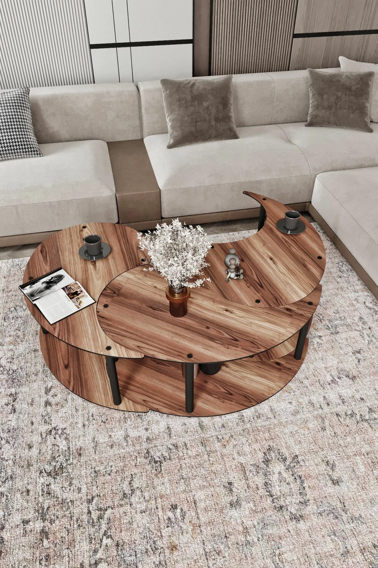 Set tavolinash kafeje Hanah Home, Yin Yang, 3 copë, ngjyrë arre, 70cm