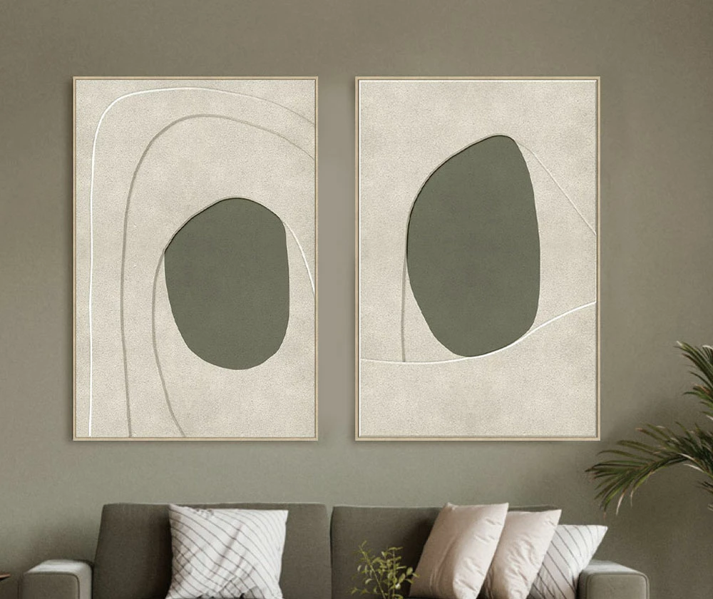 Pikturë dekorative me kornizë, kanavacë, bezhë dhe ulli e gjelbër, 80x120x4.3cm