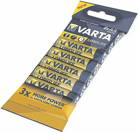 Bateri VARTA Longlife 4106 AA alkaline 1.5V, paketim 8 copë, blu/verdhe