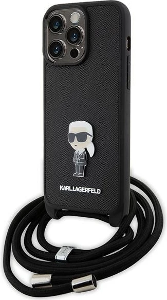 Mbështjellës Karl Lagerfeld Crossbody Saffiano Monogram Metal Pin Karl & Choupette për iPhone 15 Pro Max, i zi