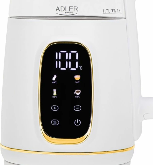 Çajnik elektrik ADLER AD 1305 WG 1.7L me kontroll temperature, ekran LED, prekje (touch), i bardhë/transparent me detaje ari